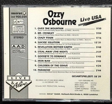 Ozzy Osbourne – Live USA (CD, Unofficial, Imtrat imt 900.024) - Maple City Music