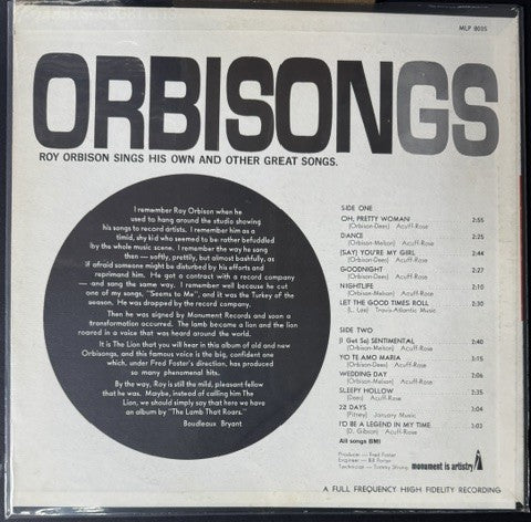 Roy Orbison – Orbisongs (LP, Compilation, Mono, Rockaway Pressing, 1965, Monument MLP 8035)