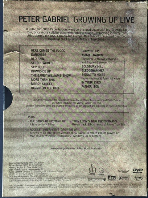 Peter Gabriel – Growing Up Live (DVD, DVD-Video, NTSC, Region 1, Slipcase, Geffen Records B0001517-09)