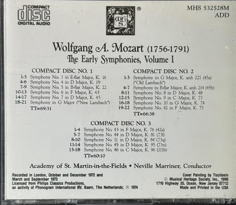 Wolfgang A. Mozart - Academy Of St. Martin-in-the-Fields, Sir Neville Marriner – The Early Symphonies, Volume 1 (3 x CD, Reissue, Stereo, 1990, Musical Heritage Society MHS 532528M)