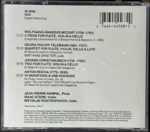 Jean-Pierre Rampal, Isaac Stern & Mstislav Rostropovich – Mozart • Telemann • J.C. Bach • Reicha (CD, 1990, Sony Classical SK 44568, Artist Laureate, US)