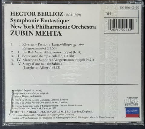 Hector Berlioz, New York Philharmonic Orchestra, Zubin Mehta – Symphonie Fantastique (CD, Stereo, 1982, London 400 046-2)