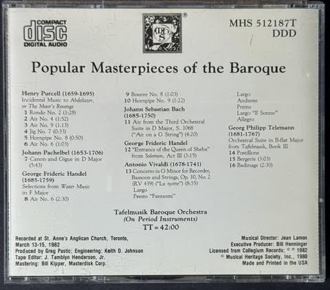 Tafelmusik Baroque Orchestra – Popular Masterpieces Of The Baroque (CD, Album, Club Edition, Stereo, US, Musical Heritage Society MHS 512187T)