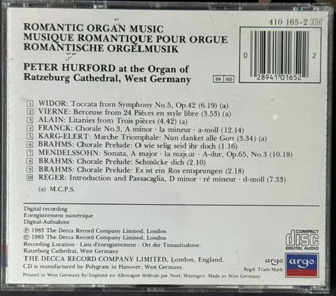 Peter Hurford – Romantic Organ Music (CD, 1983, Argo 410 165-2, Europe, Stereo)