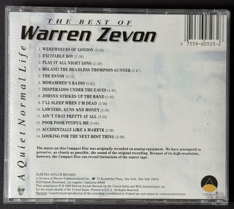 Warren Zevon – A Quiet Normal Life: The Best Of Warren Zevon (CD, Asylum Records 9 60503-2, Specialty Pressing)
