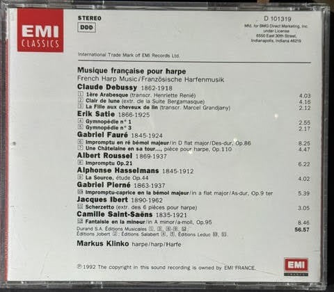 Markus Klinko – Recital: Musique Française Pour Harpe (CD, 1992, EMI Classics, BMG Direct D 101319)