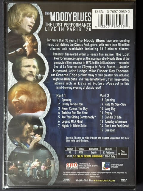The Moody Blues – The Lost Performance (Live In Paris '70) (DVD, DVD-Video, NTSC, Mono, Dolby, Standing Room Only Entertainment / INA D2959)