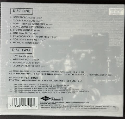 The Allman Brothers Band – The Allman Brothers Band At Fillmore East (2CD, 2003, Mercury/Chronicles B0000401-02, Deluxe Edition, Remastered)