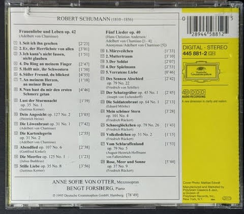 Schumann - Anne Sofie Von Otter, Bengt Forsberg – Frauenliebe Und Leben / 5 Lieder Op. 40 / 15 Lieder (CD, Album, Stereo, PMDC Pressing, 1995, Deutsche Grammophon 445 881-2)