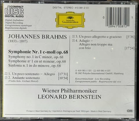 Johannes Brahms – Symphony No. 1 in C Minor, Op. 68 – Wiener Philharmoniker / Leonard Bernstein (CD, 1983, Deutsche Grammophon 410 081-2, West Germany)