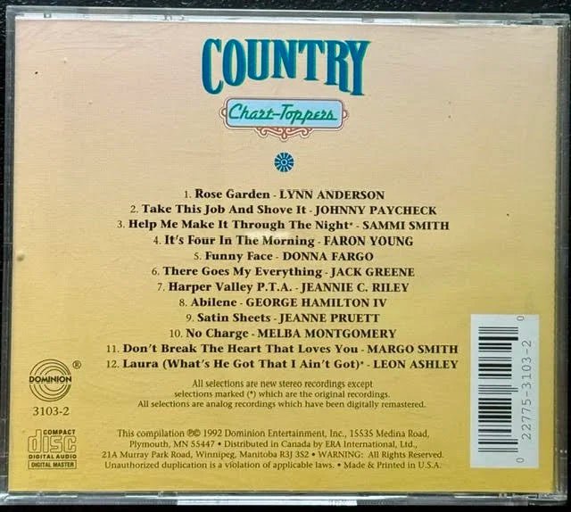 Country 1 Chart-Toppers (CD, 1992, Dominion Entertainment 15535) - Maple City Music