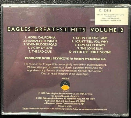 Eagles – Eagles Greatest Hits Volume 2 (CD, Compilation, Club Edition, BMG, SRC, SID Code, Asylum Records 9 60205-2) - Maple City Music
