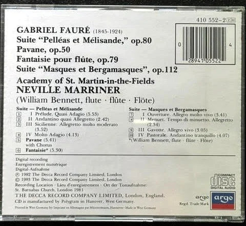Gabriel Fauré – Pavane • Pelléas Et Mélisande Suite • Fantaisie For Flute • Masques Et Bergamasques Suite (CD, 1983, Argo 410 552-2) - Maple City Music