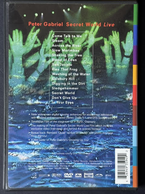 Peter Gabriel – Secret World Live (DVD, NTSC, Remastered, Multichannel, 5.1, Real World Records / Geffen Records 069 493 594-9)