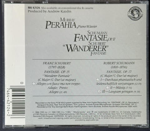 Murray Perahia, Schumann / Schubert* – Fantasie, Op.17 / "Wanderer" Fantasie (CD, Reissue, CBS Masterworks MK 42124)