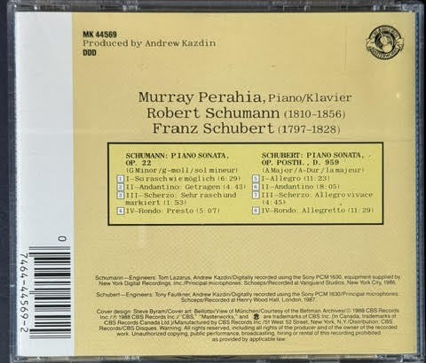 Schubert, Schumann - Murray Perahia – Sonata, Op. Posth., D. 959 / Sonata Op. 22 (CD, Album, 1988, CBS Masterworks MK 44569)
