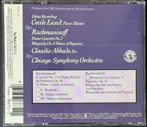 Cecile Licad, Rachmaninoff, Claudio Abbado, Chicago Symphony Orchestra – Piano Concerto No. 2 / Rhapsody On A Theme Of Paganini (CD, Album, Reissue, CBS Masterworks MK 38672)