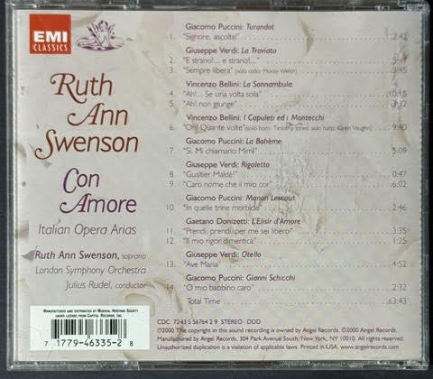 Ruth Ann Swenson, Julius Rudel, London Symphony Orchestra – Con Amore: Italian Opera Arias (CD, Album, Stereo, 2000, EMI Classics 5163353 / CDC 7243 5 56764 2 9)