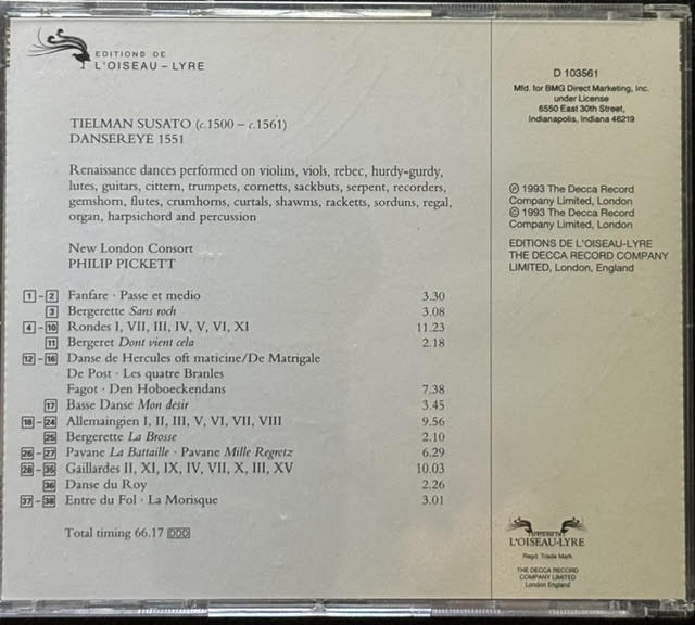 Tielman Susato – Danserye 1551 (CD, 1993, Éditions De L'Oiseau-Lyre D103561)