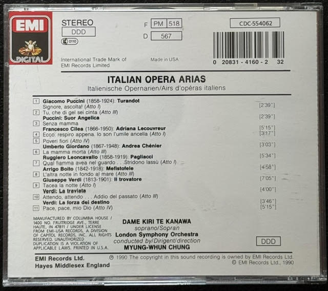 Kiri Te Kanawa – Italian Opera Arias (CD, 1990, EMI Digital CDC 554062) - Maple City Music