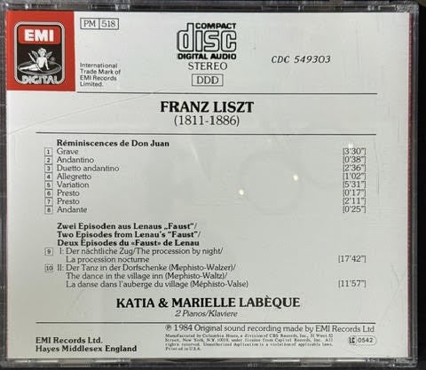 Katia & Marielle Labèque – Liszt: Réminiscences de Don Juan / Two Episodes from Lenau’s “Faust” (CD, 1984, EMI CDC 549303)