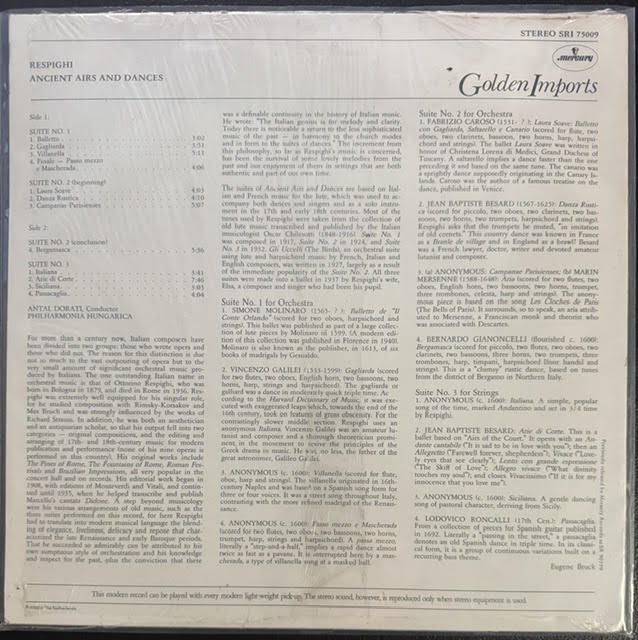 Respighi – Antal Dorati, Philharmonia Hungarica – Ancient Airs & Dances (LP, Stereo, Golden Imports Reissue, Netherlands Pressing, 1973, Mercury SRI 75009)