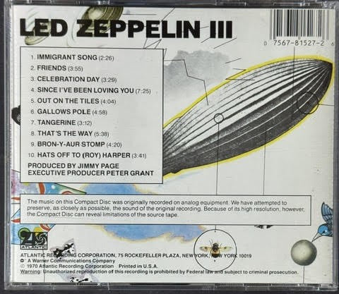 Led Zeppelin – Led Zeppelin III (CD, 1990, Atlantic 19128-2, Specialty Records Corporation Pressing)