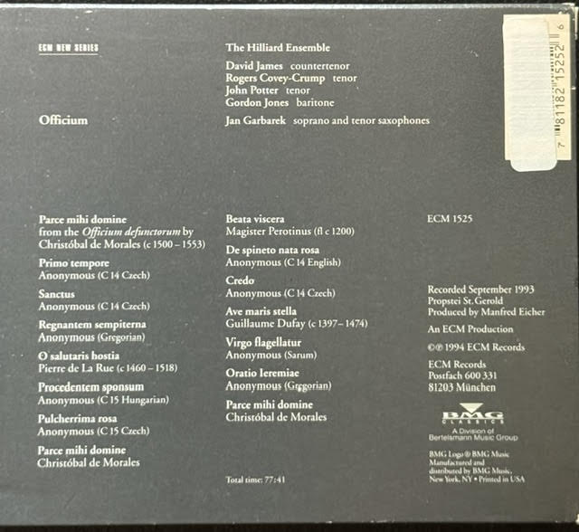 Jan Garbarek / The Hilliard Ensemble – Officium (CD, 1994, ECM New Series ECM 1525)