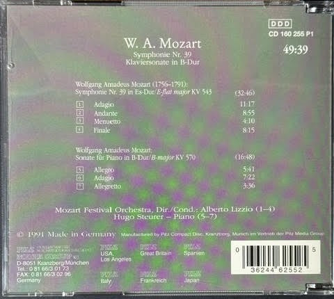 Wolfgang Amadeus Mozart – Symphony No. 39 / Piano Sonata In B-Flat Major (CD, 1991, Pilz)