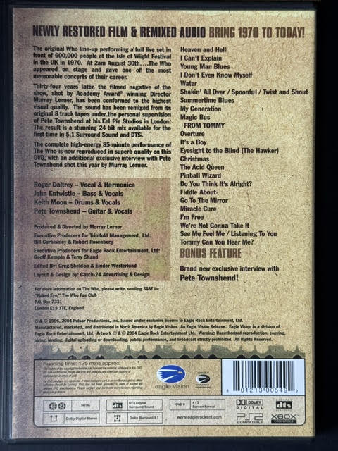 The Who - Live At The Isle Of Wight Festival 1970 (DVD, DVD-Video, Multichannel, NTSC, Reissue, Eagle Vision EV 30054-9)