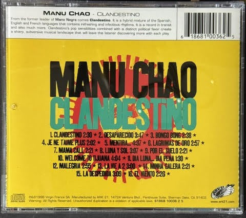 Manu Chao – Clandestino (CD, 1998, Ark 21 Records 61868 10036 2 5, EMI MFG. Glass Mastering)