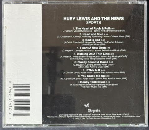 Huey Lewis And The News – Sports (CD, Album, Reissue, EMI MFG., Chrysalis F2 21412)